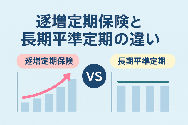 逓増定期保険と長期平準定期保険の違いを比較したアイキャッチ画像。上昇カーブのグラフと平坦なグラフを左右に配置し、両保険の特徴を視覚的に示している。