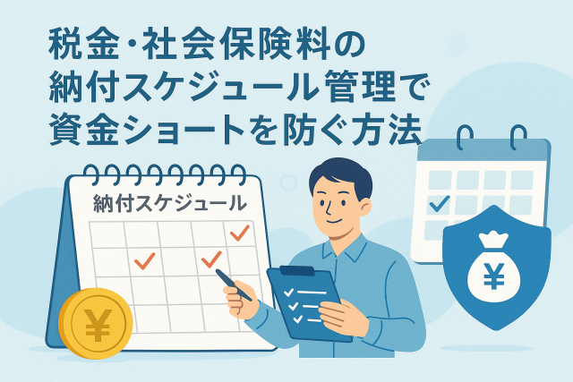 税金・社会保険料の納付スケジュールを管理するビジネスパーソンのイラスト。カレンダーやチェックリスト、円マークのアイコンを使って資金ショート防止を表現したデザイン。