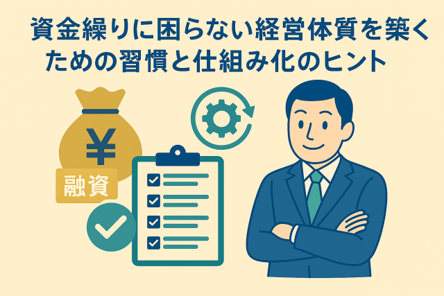 資金繰りに困らない経営体質を築くための習慣と仕組み化を表現した、親しみやすいイラスト