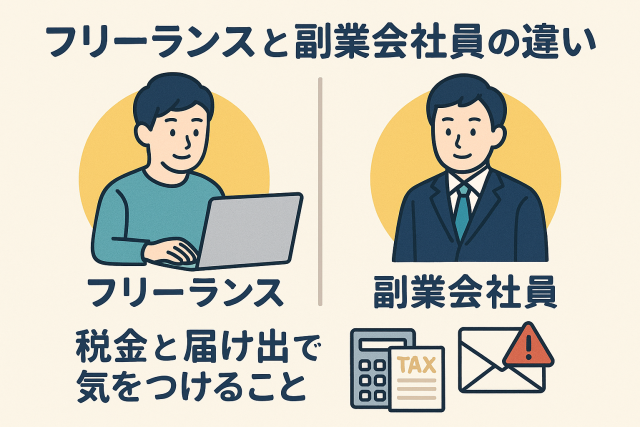 フリーランスと副業会社員の違いを表すイラスト。税金や届け出に関する注意点を親しみやすく表現。