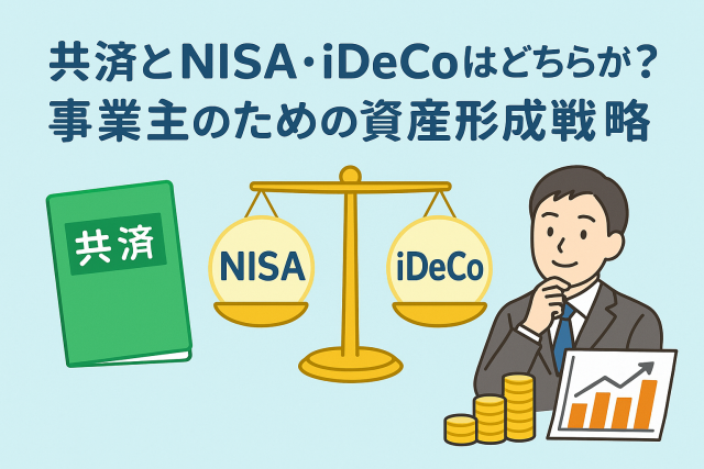 事業主向け資産形成の選択肢としての共済・NISA・iDeCoを比較するイメージ