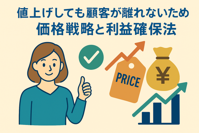 値上げ後も顧客離れを防ぐ価格戦略と利益確保法を表現した親しみやすいイラスト