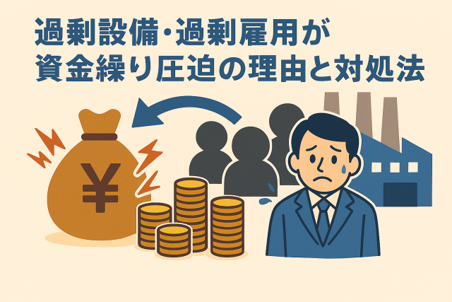 過剰設備や人員過多によって資金繰りが悪化する状況を描いた、親しみやすい日本語見出し入りのイラスト