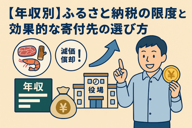 年収別のふるさと納税限度額と寄付先の選び方を解説する親しみやすいイラスト