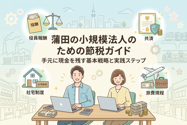 蒲田の小規模法人向け節税ガイドのアイキャッチ画像。中央にデスクで作業する男女のイラストと記事タイトル、その周囲に役員報酬、共済、社宅制度、旅費規程の4つの節税戦略アイコンが配置されている。
