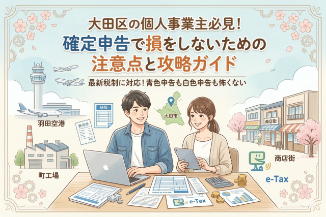 大田区の個人事業主向け確定申告攻略ガイドのイラスト。中央で男女の事業主がデスクに向かい、PCやタブレット、書類を確認しています。背景には羽田空港、町工場、商店街といった大田区の特徴的な風景が描かれ、「確定申告で損をしないための注意点と攻略ガイド」という見出しとともに、e-Taxや最新税制対応、青色申告・白色申告の不安解消を伝えるアイコンや書類が配置されています。