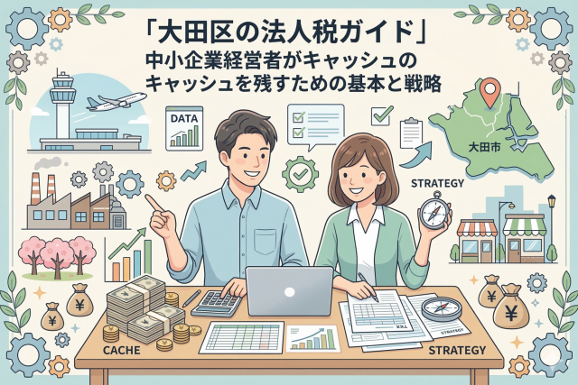 大田区の法人税ガイドのアイキャッチ画像。背景には羽田空港や町工場、商店街、大田区の地図が描かれ、中央のデスクで男女の中小企業経営者がキャッシュ（お札の山）を残すための戦略とデータを笑顔で確認しているイラスト。記事タイトルの「大田区の法人税ガイド｜中小企業経営者がキャッシュを残すための基本と戦略」という文字が上部に配置されています。
