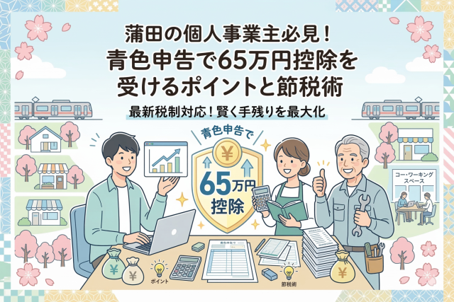蒲田の個人事業主向け青色申告解説記事のアイキャッチ画像。中央に「65万円控除」と書かれた盾のアイコンがあり、PCを操作する若手男性、電卓と帳簿を持つ女性、スパナを手にしたベテラン職人が笑顔で並んでいます。背景には蒲田の商店街、コワーキングスペース、桜並木が描かれ、「青色申告で65万円控除を受けるポイントと節税術」という見出しが大きく配置されています。