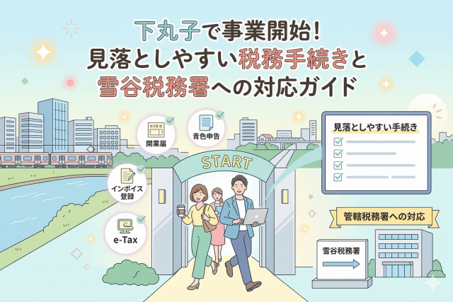 下丸子で事業を開始する人向けの税務手続きガイドのアイキャッチ画像。中央に記事タイトル「下丸子で事業開始！見落としやすい税務手続きと雪谷税務署への対応ガイド」と、STARTアーチをくぐる男女。周囲には開業届、青色申告、インボイス登録、e-Taxのチェックマーク付きアイコンや、多摩川沿いの街並み、雪谷税務署の看板、見落としやすい手続きのチェックリストが描かれています。