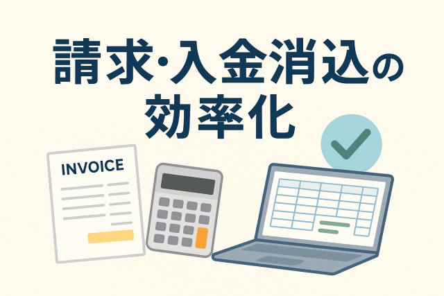 請求・入金消込の効率化をイメージしたアイキャッチ画像。日本語タイトルとともに、請求書・電卓・入金台帳が表示されたノートパソコン、チェックマークのアイコンを並べた淡い色合いのビジネスイラスト。