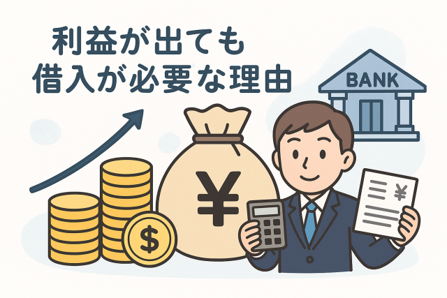 利益が出ていても資金繰り上の理由から借入が必要になる仕組みをイメージで示したイラスト。銀行、資金袋、上昇する矢印、計算する経営者が描かれ、資金調達の重要性を分かりやすく表現している。