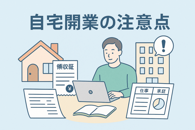 自宅開業の注意点をテーマにした横長アイキャッチ。自宅でノートパソコンを操作する男性の周囲に、家・領収書・仕事と家庭のバランス図などを描き、開業時の注意を表現。