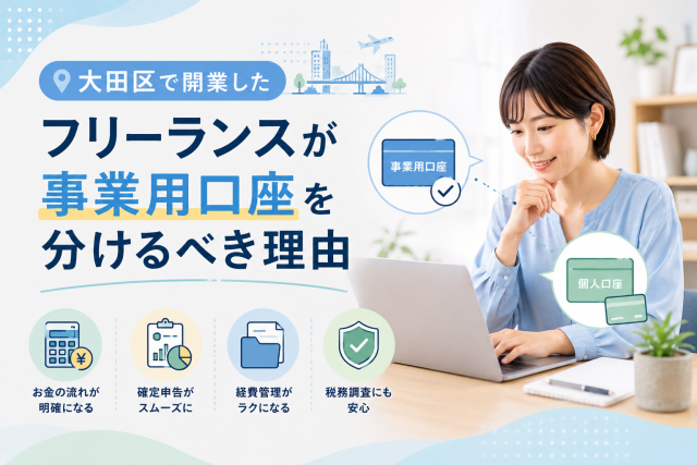 大田区で開業したフリーランスが、事業用口座と個人口座を分けてお金の流れを整理する重要性を表したアイキャッチ画像