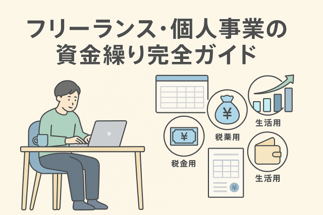 フリーランスや個人事業主がパソコンで資金管理を行っている様子を描いたイラスト。税金用・事業用・生活用の口座管理を示すアイコンとグラフが配置され、資金繰りの重要性をわかりやすく表現している。