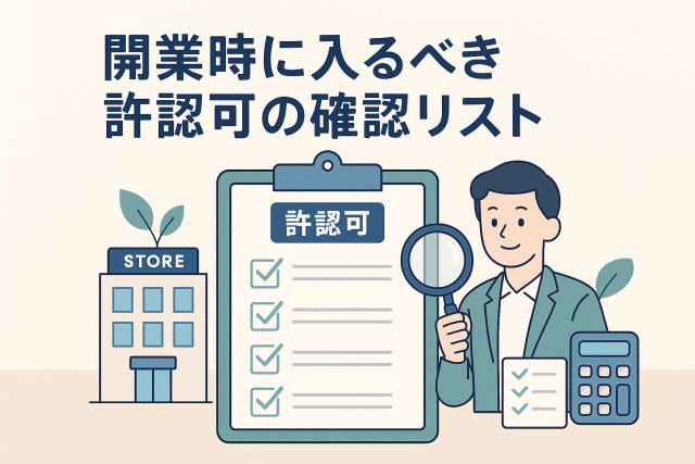 開業時に必要な許認可の確認をテーマにしたイラスト。チェックリストを持つ男性と店舗、書類や計算機が描かれ、事業開始前の準備を象徴している。