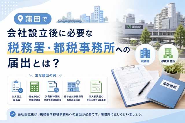 蒲田で会社設立をした後に、税務署や都税事務所へ提出する各種届出書類を確認する様子を表したアイキャッチ画像