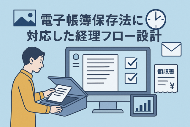 電子帳簿保存法に対応した経理フローをイメージした日本語のアイキャッチ画像。男性がスキャナーで書類を電子化し、パソコン画面上で帳簿データやチェックリストを確認している様子を描いた、淡いブルー基調の清潔感あるデザイン。