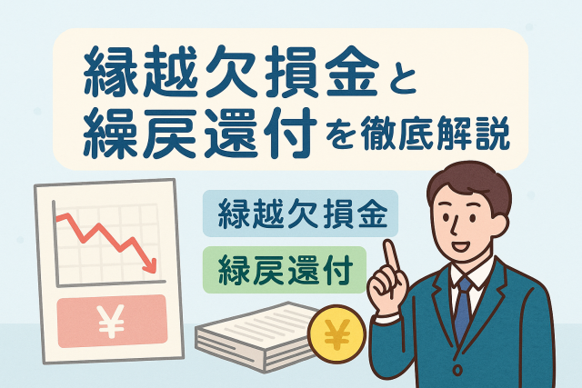 「繰越欠損金と繰戻還付を徹底解説」と書かれたタイトルと、グラフや書類、円マークのコインを背景に、スーツ姿の男性が説明しているイラスト。赤字から黒字への回復をイメージした税務・会計関連のデザイン。
