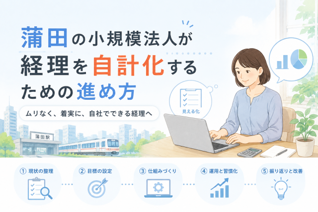 蒲田の小規模法人が経理を自計化するための流れを、現状整理・仕組みづくり・運用改善のステップでわかりやすく表したアイキャッチ画像