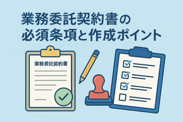 業務委託契約書の作成ポイントをイメージしたビジネス向けイラスト。契約書、印鑑、チェックリスト、鉛筆が並ぶ構図で、淡いブルー基調の清潔感あるデザイン。