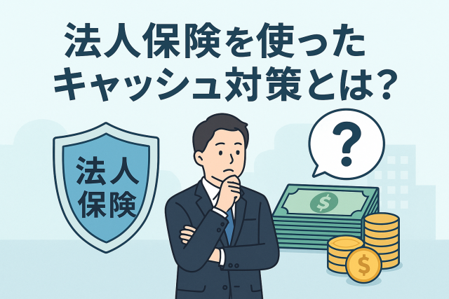 法人保険を活用したキャッシュ対策をイメージしたイラスト。スーツ姿の男性が資金計画について考えており、背景にはお金の山やコイン、法人保険の盾アイコンが描かれている。