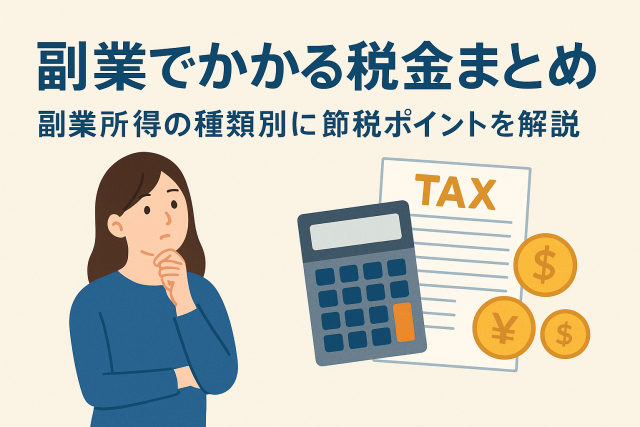 副業でかかる税金をテーマにしたアイキャッチ画像。電卓と税金書類、考える女性のイラストを背景に「副業でかかる税金まとめ｜副業所得の種類別に節税ポイントを解説」と書かれた見出し。