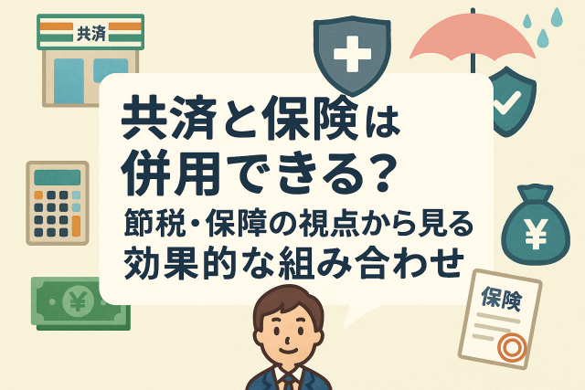 共済と保険の併用をテーマにした日本語見出し入りイラスト。共済の建物、保険証券、電卓、傘とシールド、円マーク入りの袋などのアイコンとスーツ姿の男性キャラクターが描かれている。