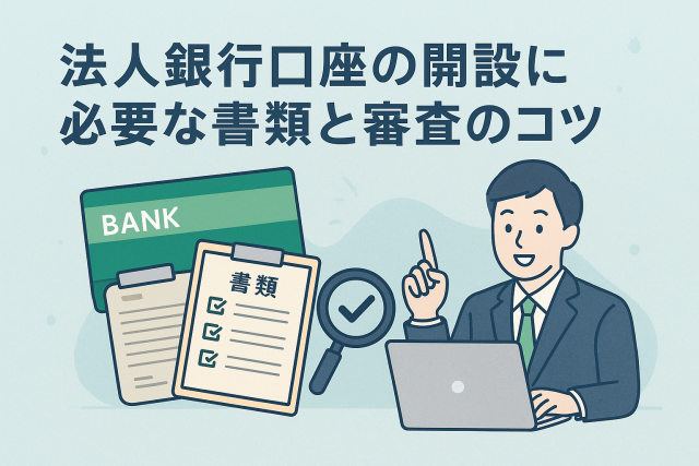 法人銀行口座の開設をテーマにしたイラスト。ビジネスマンがパソコンを前に説明しており、書類や通帳、チェックリストなどが描かれた清潔感のある構図。