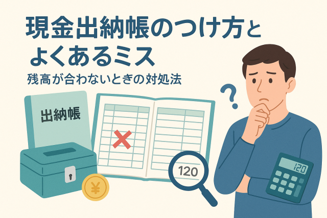 現金出納帳のつけ方とよくあるミスをテーマにしたアイキャッチ画像。現金出納帳・小口現金箱・電卓・拡大鏡・赤いバツ印・考える人のイラスト、上部に「現金出納帳のつけ方とよくあるミス｜残高が合わないときの対処法」の見出し。