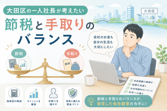 大田区の一人社長向けに、節税と手取りのバランスを考えるポイントを、天秤や電卓、チェックリストでわかりやすく表現したアイキャッチ画像。
