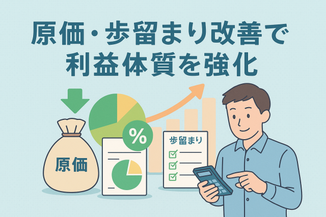 原価・歩留まり改善による利益体質強化をテーマにしたイラスト。グラフや円チャート、チェックリスト、電卓を使うビジネスパーソンを描き、コスト削減と生産性向上を表現。