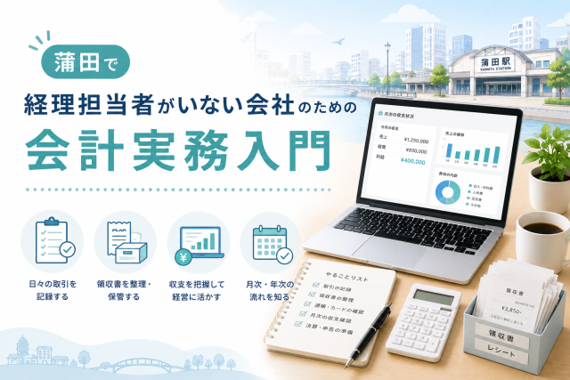 蒲田で経理担当者がいない会社向けに、日々の取引記録や領収書整理、収支管理など会計実務の基本を表したアイキャッチ画像。