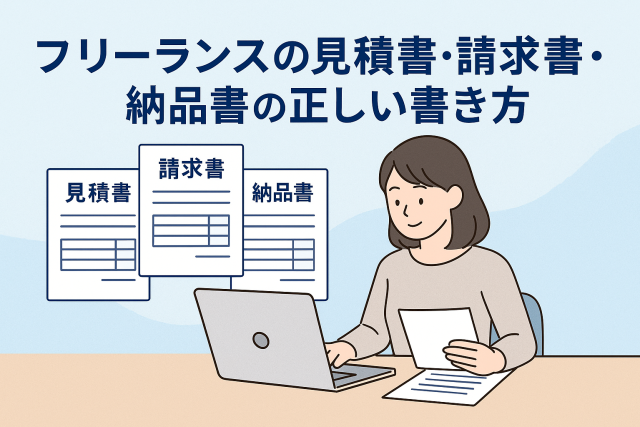 フリーランスが見積書・請求書・納品書を作成しているイラスト。女性がノートパソコンで書類を確認しながら事務作業を行っており、背景には「見積書」「請求書」「納品書」の書類が並ぶ構図。