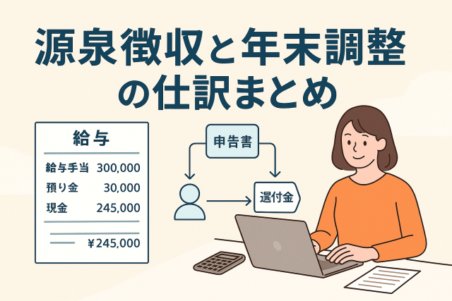 「源泉徴収と年末調整の仕訳まとめ」というタイトル入りのイラスト。パソコンで給与仕訳を入力する女性と、給与明細や申告書・還付金の図が描かれており、源泉徴収や年末調整の会計処理をわかりやすくイメージした清潔感のあるデザイン。