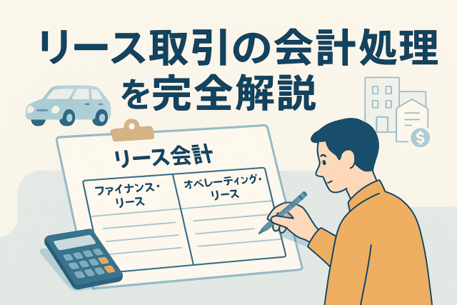 リース取引の会計処理をわかりやすく説明するイラスト。男性がリース会計の分類表を確認しており、「ファイナンス・リース」と「オペレーティング・リース」の比較が描かれている。
