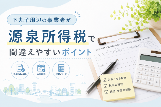 下丸子周辺の事業者に向けて、源泉所得税の対象となる報酬や納付期限、税額計算で間違えやすいポイントをわかりやすく伝えるアイキャッチ画像です。