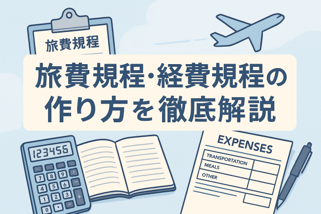 旅費規程や経費規程の書類、電卓、ノート、飛行機のイラストを配置し、出張旅費や経費管理のルール整備をイメージした日本語のアイキャッチ画像。「旅費規程・経費規程の作り方を徹底解説」という見出し入りで、淡いブルー基調の清潔感あるデザイン。