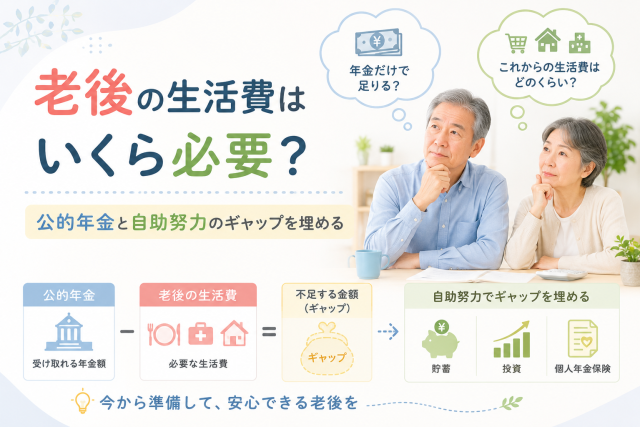 老後の生活費に必要な金額や、公的年金と自助努力で埋めるべき資金ギャップをわかりやすく表したアイキャッチ画像