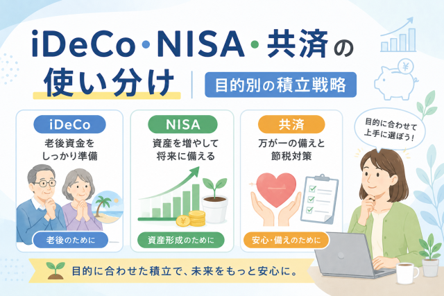 iDeCo・NISA・共済の特徴を目的別に整理し、老後資金・資産形成・万が一の備えに合わせた積立戦略を表したアイキャッチ画像。
