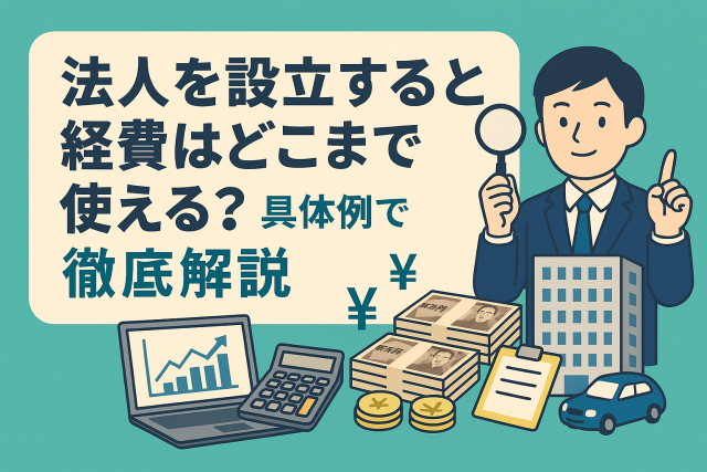 法人設立後の経費の使い方を説明する日本語見出し入りのイラスト。スーツ姿の男性キャラクターが虫眼鏡を持ち、パソコン・電卓・札束・オフィスビル・車などの経費関連アイコンが周囲に描かれている。