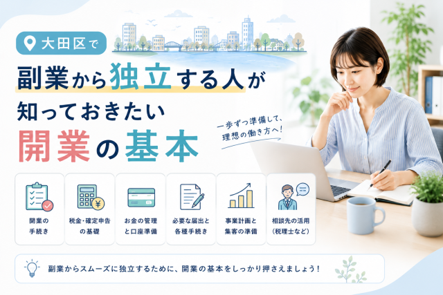 大田区で副業から独立する人が、開業手続きや税金、事業用口座、事業計画など開業前に必要な準備を確認している様子を表したアイキャッチ画像