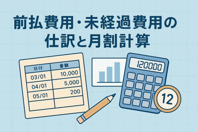 前払費用・未経過費用の仕訳と月割計算をテーマにしたアイキャッチ画像。電卓や帳簿、カレンダー、グラフなどの会計ツールを背景に、淡いブルー基調で経理や決算整理をイメージしたデザイン。