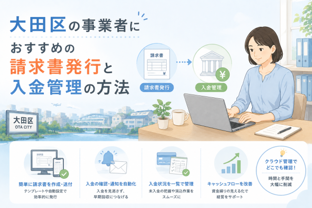 大田区の事業者に向けて、請求書発行から入金確認、未入金管理、キャッシュフロー改善までの流れをわかりやすく表したアイキャッチ画像
