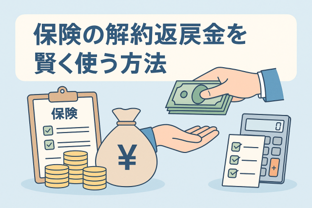 保険の解約返戻金を賢く使う方法をテーマに、保険証券・お金の受け渡し・電卓・チェックリストなどを描いた淡色系のイラストのアイキャッチ画像。