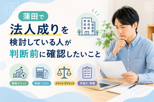 蒲田で法人成りを検討している個人事業主が、税金・コスト・手続き・メリットやデメリットを確認している様子を表したアイキャッチ画像