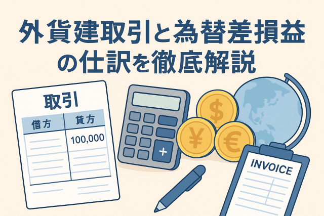 外貨建取引と為替差損益の仕訳を解説する日本語アイキャッチ画像。電卓、取引帳票、通貨記号（円・ドル・ユーロ）、請求書（INVOICE）と地球儀が描かれ、国際取引と会計処理のイメージを表現している。