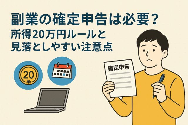 副業の確定申告と20万円ルールについて悩む男性のイラスト