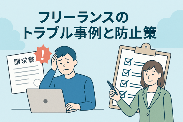 パソコンの前で請求書に悩む男性と、チェックリストを手にトラブル防止策を説明する女性を描いたイラスト。「フリーランスのトラブル事例と防止策」というタイトル入り。