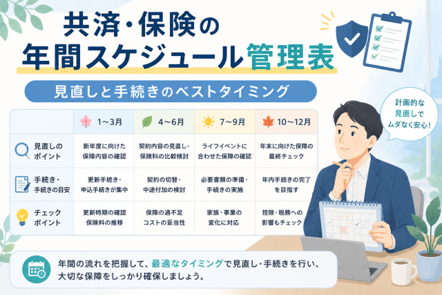 共済・保険の年間スケジュール管理表として、1〜3月、4〜6月、7〜9月、10〜12月ごとの見直しポイントや手続き時期をわかりやすく表したアイキャッチ画像。