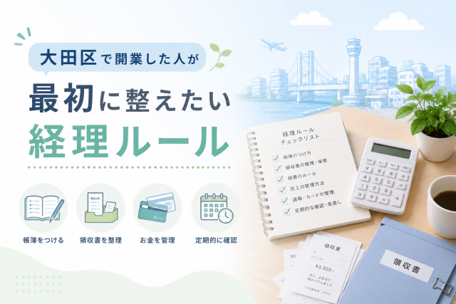 大田区で開業した個人事業主や小規模事業者向けに、帳簿付けや領収書整理、資金管理など最初に整えたい経理ルールを表したアイキャッチ画像。
